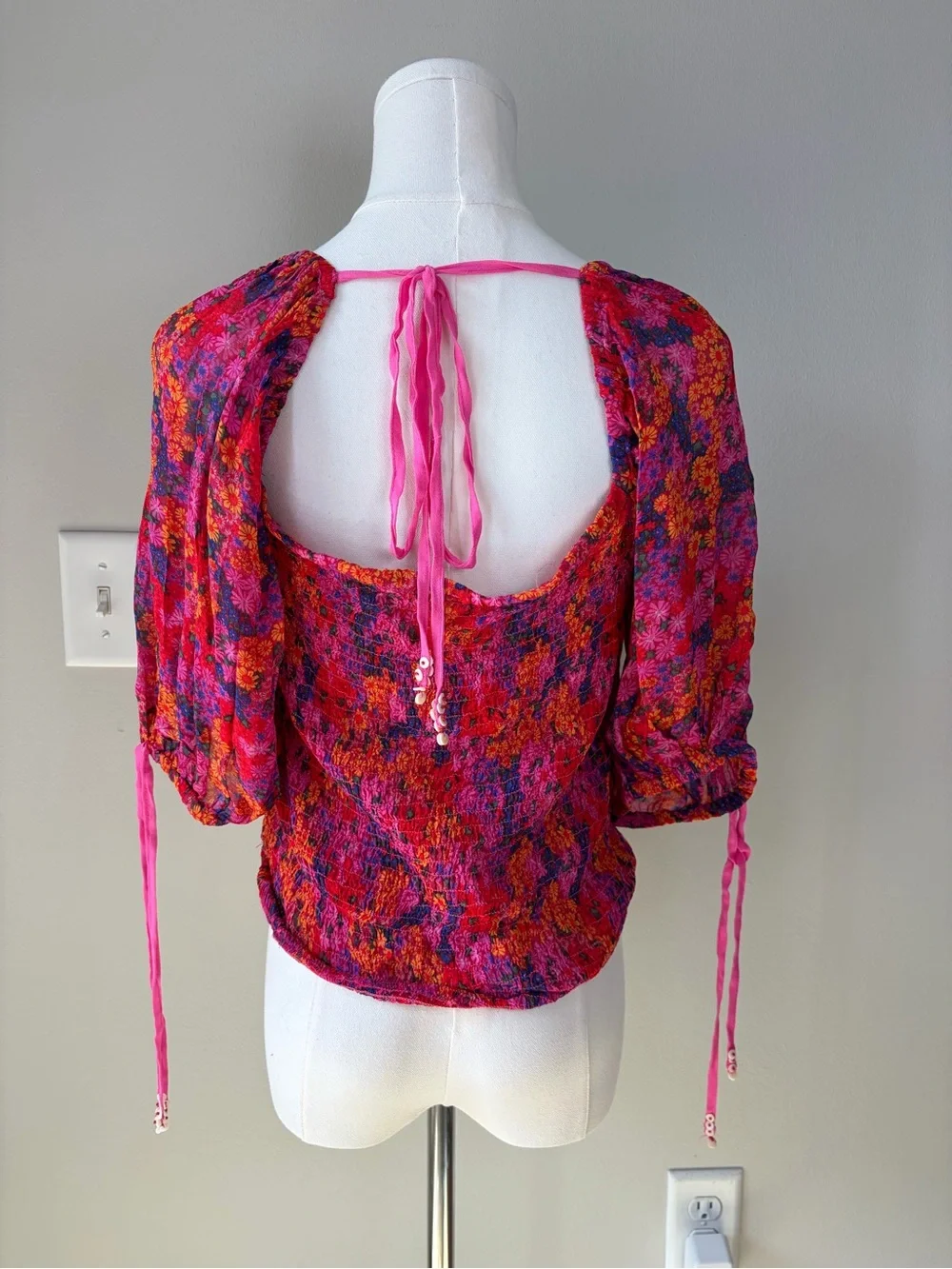 Free People Back On Top Puff Sleeve Smocked Blouse in Hot Pink Combo